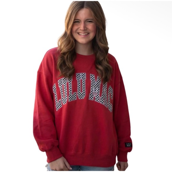 Lulu Mac Tops - Lulu Mac Brick Red Oversized Crewneck Sweatshirt Houndstooth Applique Large NEW